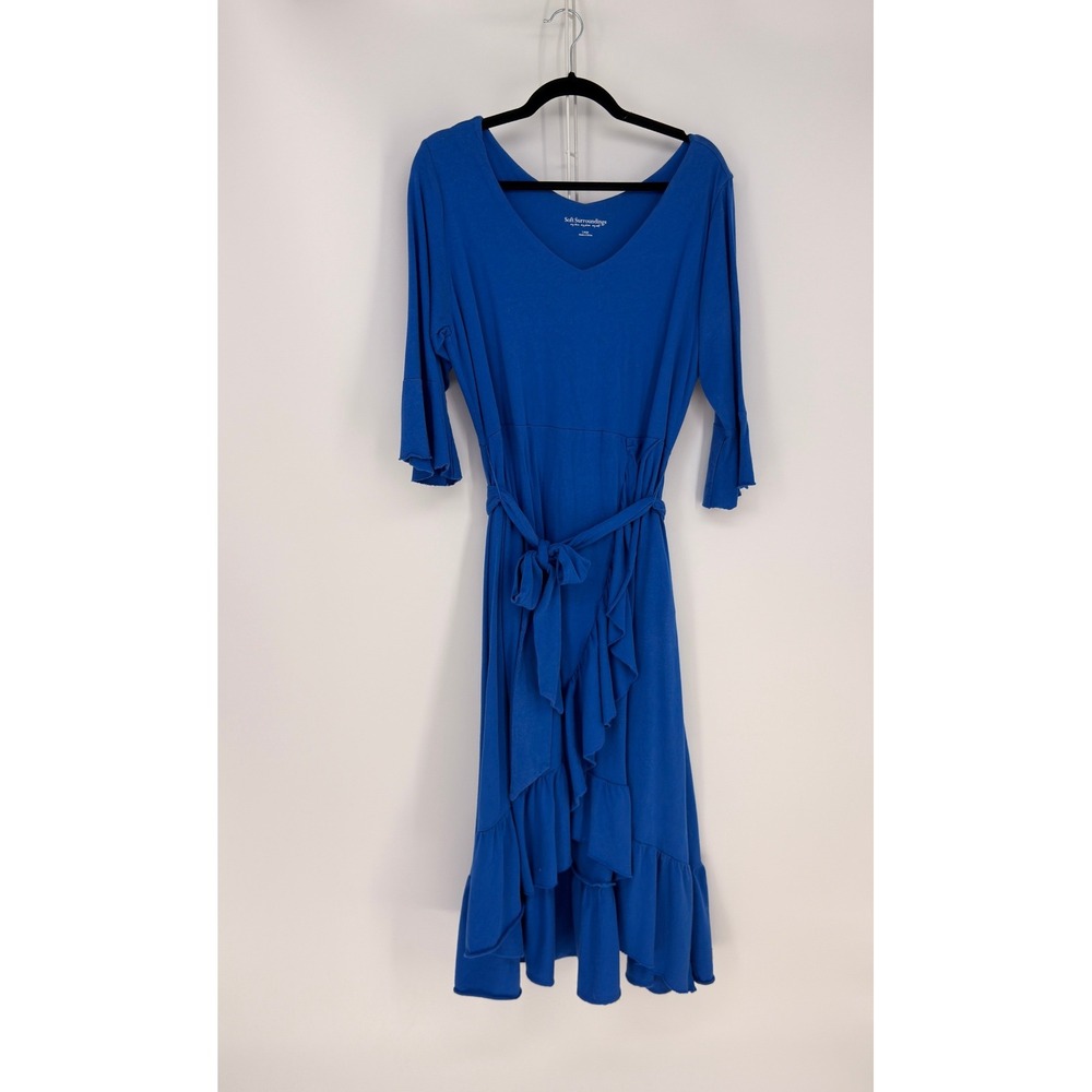 Soft Surroundings Dress Womens L Blue Ruffle Hem V-Neck Pockets Boho Lagenlook
